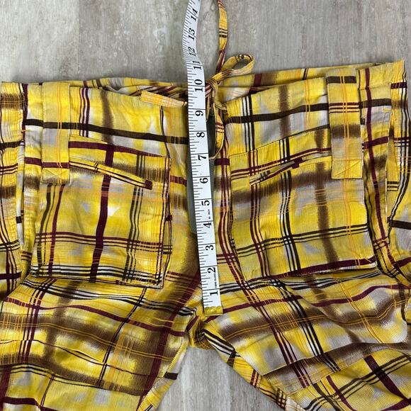 Farm Rio Yellow Plaid Low Rise Flare Pants Y2K Women’s US Small drawstring waist - Picture 4 of 9